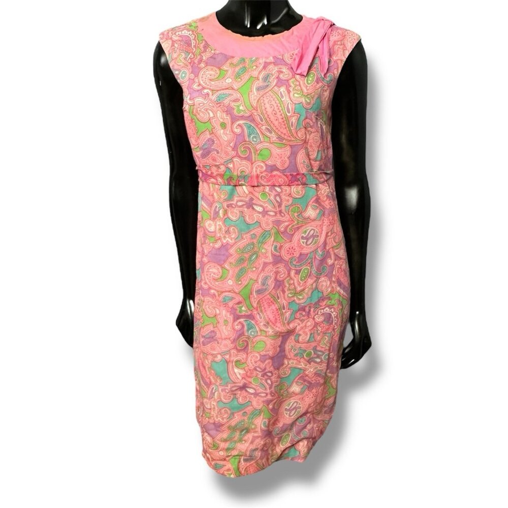 Vtg 70s Korell Women's Dress Lined Summer Bright Pink Retro Paisley 36”B *Flaws
